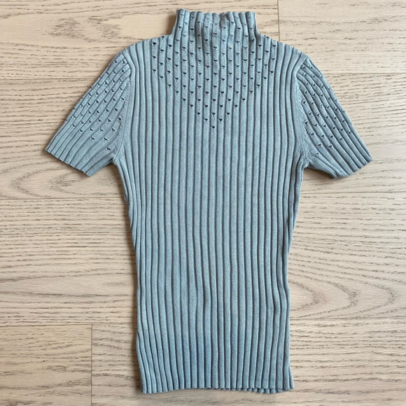 VENUS Short Sleeved Sweater, Ribbed Mock-Neck, Stretch, Eyelets, Muted Green, XS - Picture 1 of 8